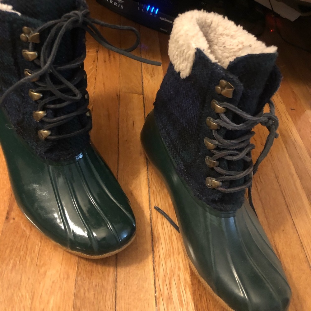 Sperry J. Crew Blue Green Plaid Wool Shearling Flannel Duck Boots Women's Size 8 - Picture 2 of 4